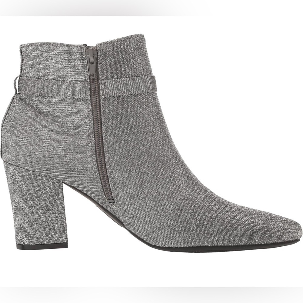 Life Stride Pewter Shimmer Pointed Toe Block Heel Silver Ankle Boot Bootie - Picture 4 of 13